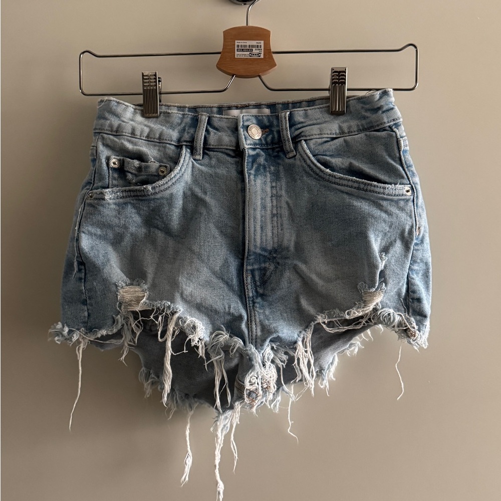 Zara Blue Jean Shorts Distressed High-Waisted